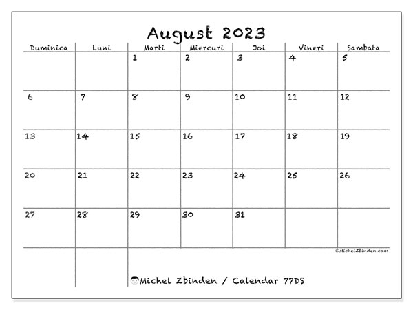 Calendar august 2023, 77DS. Calendar pentru imprimare gratuit.