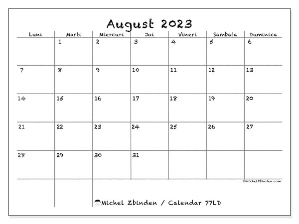 Calendar pentru imprimare, august 2023, 77LD