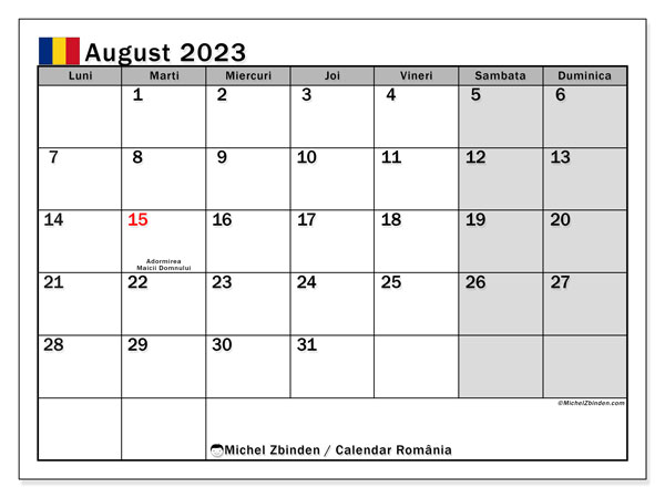 Kalender augustus 2023, Roemenië (RO). Gratis printbare kaart.