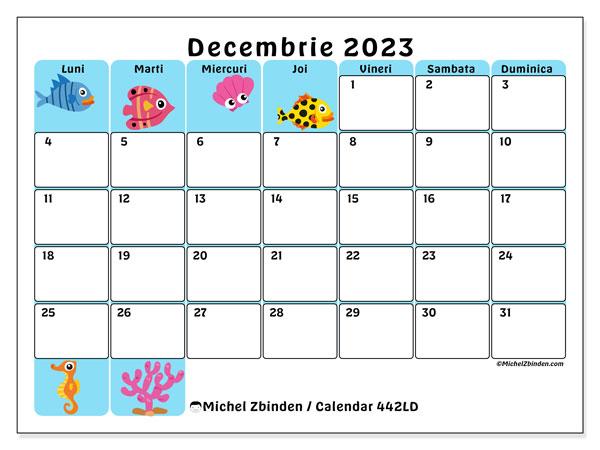 442LD, calendar decembrie 2023, pentru tipar, gratuit.