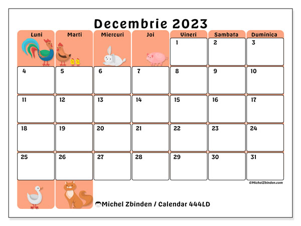 444LD, calendar decembrie 2023, pentru tipar, gratuit.