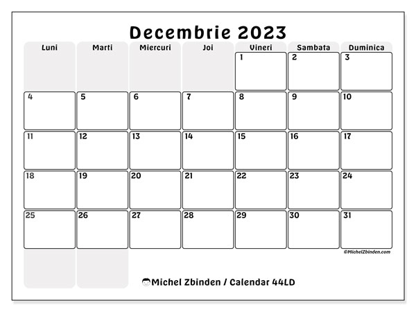 Calendar decembrie 2023, 44LD. Calendar pentru imprimare gratuit.