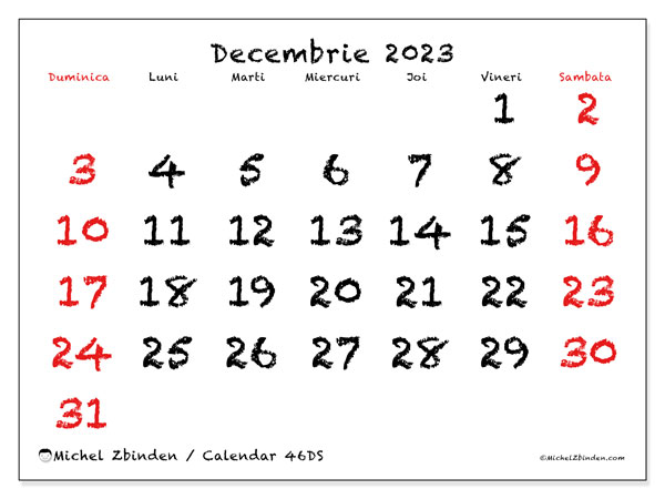 Calendar decembrie 2023, 46DS. Calendar pentru imprimare gratuit.