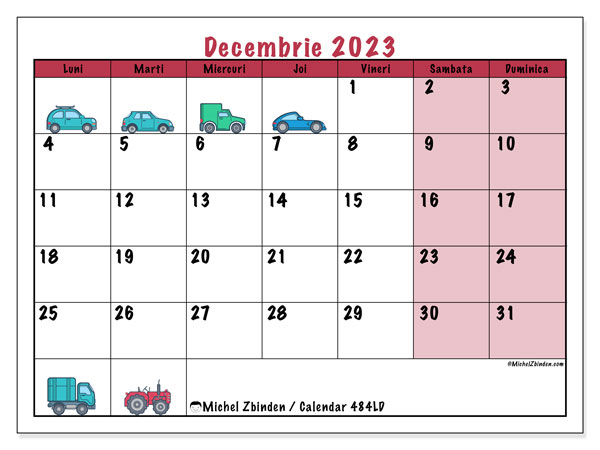 Calendar decembrie 2023 “484”. Plan pentru imprimare gratuit.. Luni până duminică