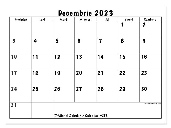 Calendar decembrie 2023, 48DS. Calendar pentru imprimare gratuit.