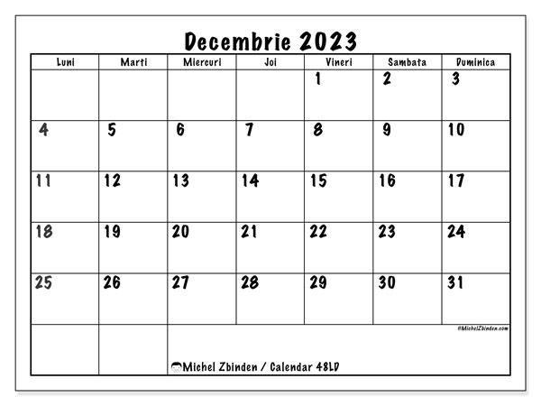 Calendar pentru imprimare, decembrie 2023, 48LD
