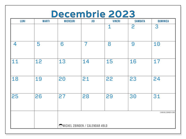 Calendar decembrie 2023, 49LD. Calendar pentru imprimare gratuit.