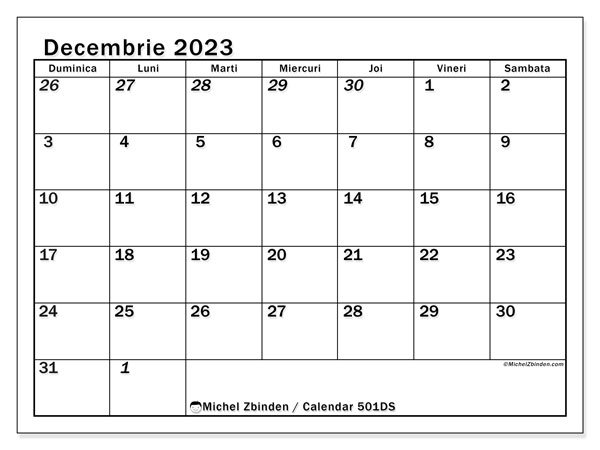 Calendar decembrie 2023, 501DS. Calendar pentru imprimare gratuit.
