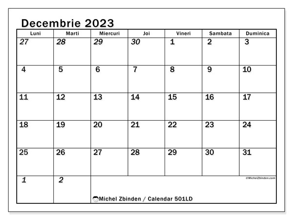 Calendar decembrie 2023, 501LD. Calendar pentru imprimare gratuit.