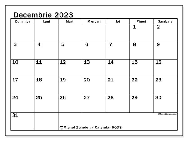 Calendar decembrie 2023, 50DS. Calendar pentru imprimare gratuit.