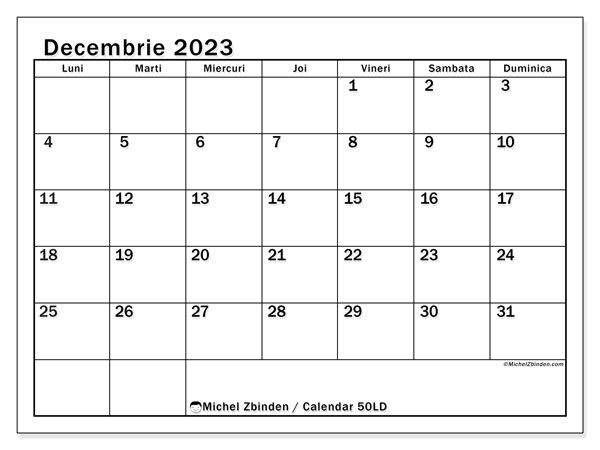 50LD, calendar decembrie 2023, pentru tipar, gratuit.