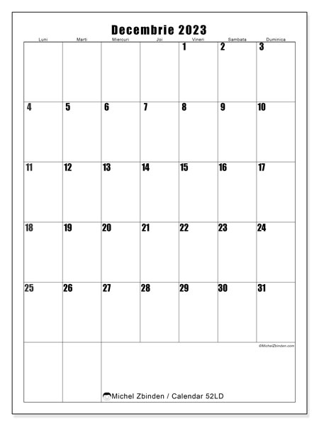 Calendar pentru imprimare, decembrie 2023, 52LD