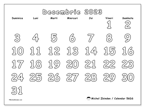 Calendar decembrie 2023, 56DS. Calendar pentru imprimare gratuit.