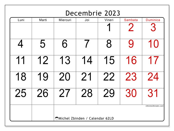 62LD, calendar decembrie 2023, pentru tipar, gratuit.