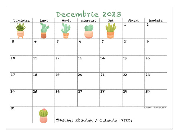 Calendar decembrie 2023, 772DS. Calendar pentru imprimare gratuit.