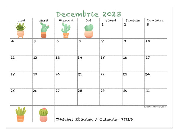Calendar decembrie 2023, 772LD. Calendar pentru imprimare gratuit.