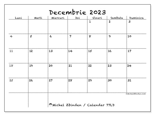 Calendar pentru imprimare, decembrie 2023, 77LD