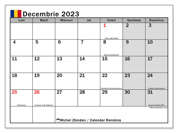 Calendrier décembre 2023, Roumanie (RO). Calendrier à imprimer gratuit.
