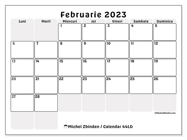 44LD, calendar februarie 2023, pentru tipar, gratuit.