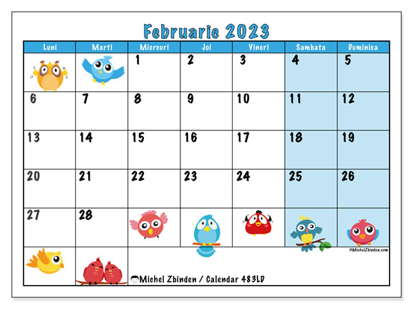 Calendar pentru imprimare, februarie 2023, 483LD