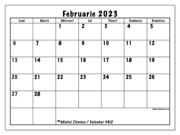 Calendar pentru imprimare, februarie 2023, 48LD