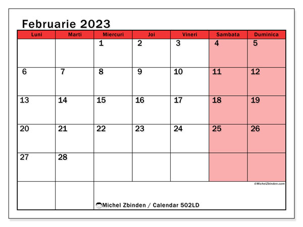 Calendar pentru imprimare, februarie 2023, 502LD