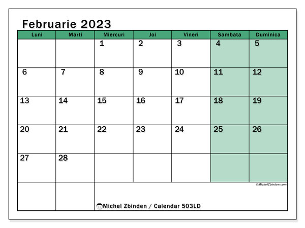 503LD, calendar februarie 2023, pentru tipar, gratuit.