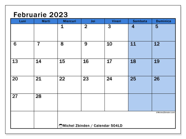 Calendar pentru imprimare, februarie 2023, 504LD