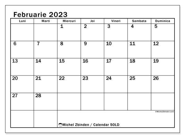 50LD, calendar februarie 2023, pentru tipar, gratuit.
