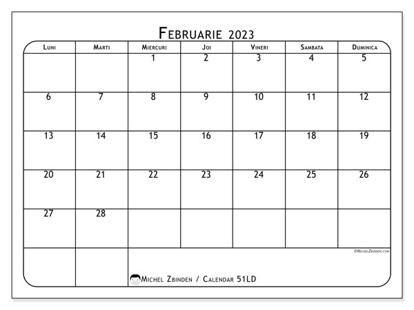 51LD, calendar februarie 2023, pentru tipar, gratuit.