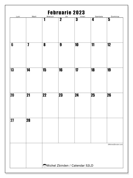 Calendar pentru imprimare, februarie 2023, 52LD