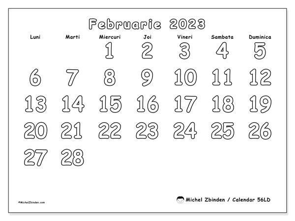 56LD, calendar februarie 2023, pentru tipar, gratuit.