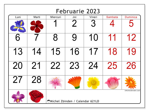 Calendar pentru imprimare, februarie 2023, 621LD