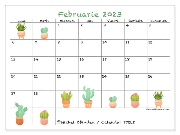 772LD, calendar februarie 2023, pentru tipar, gratuit.