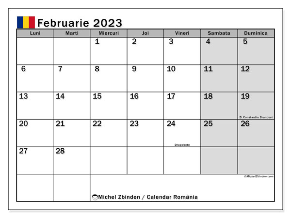 Calendar pentru imprimare, februarie 2023, România