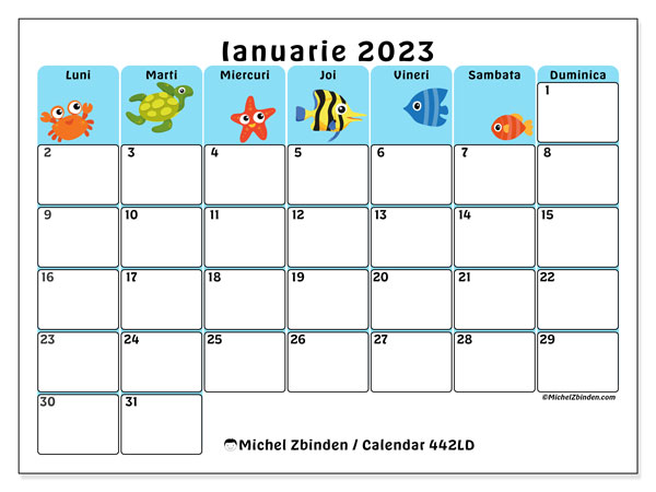 442LD, calendar ianuarie 2023, pentru tipar, gratuit.