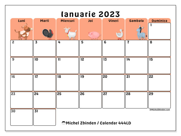 Calendar pentru imprimare, ianuarie 2023, 444LD