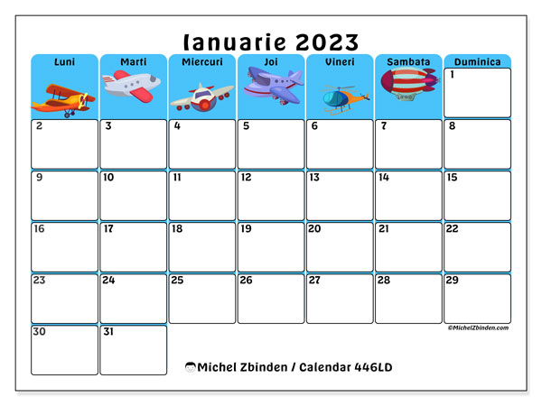 446LD, calendar ianuarie 2023, pentru tipar, gratuit.