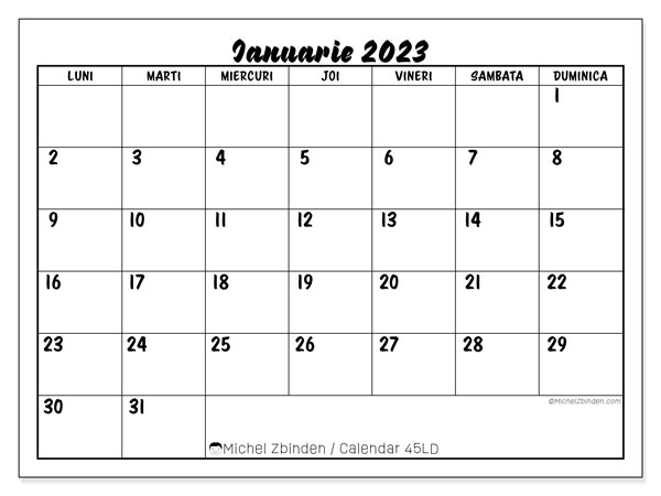 45LD, calendar ianuarie 2023, pentru tipar, gratuit.