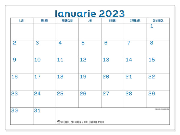 49LD, calendar ianuarie 2023, pentru tipar, gratuit.