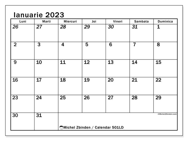 Calendar pentru imprimare, ianuarie 2023, 501LD