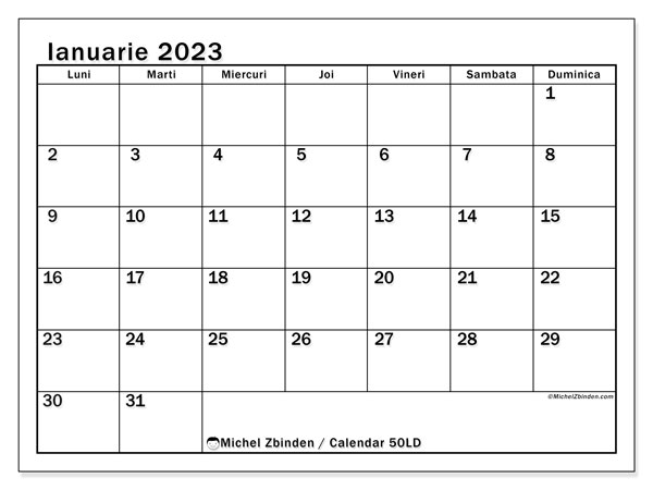 Calendar pentru imprimare, ianuarie 2023, 50LD