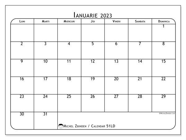 51LD, calendar ianuarie 2023, pentru tipar, gratuit.