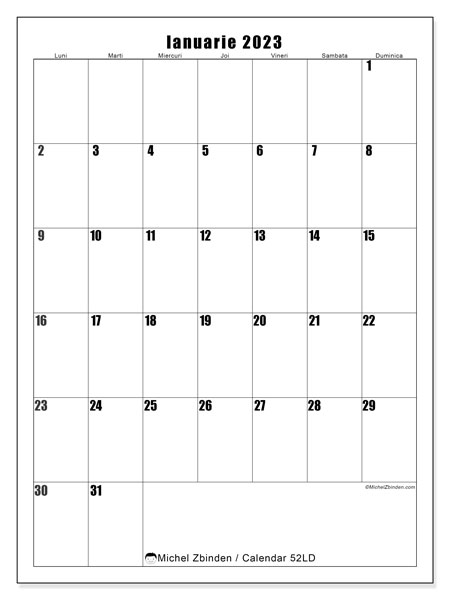 Calendar pentru imprimare, ianuarie 2023, 52LD