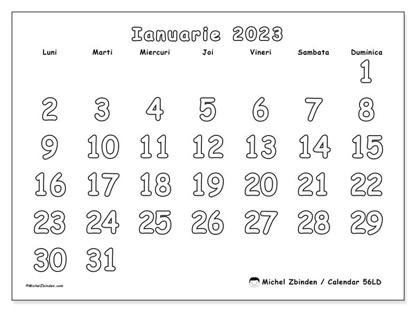 Calendar pentru imprimare, ianuarie 2023, 56LD