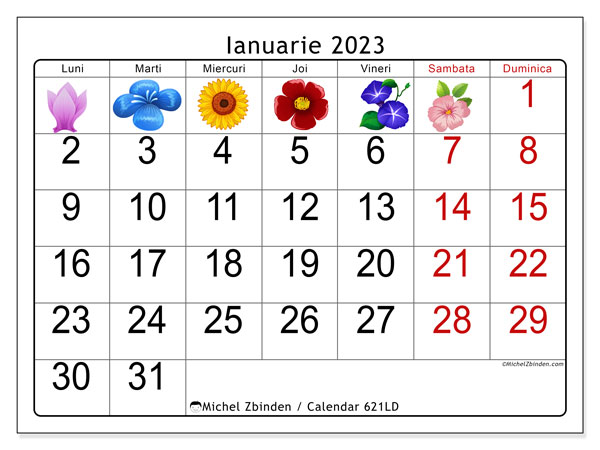 Calendar ianuarie 2023 pentru imprimare. Calendarul lunar “621LD” și orarul imprimabil gratuit