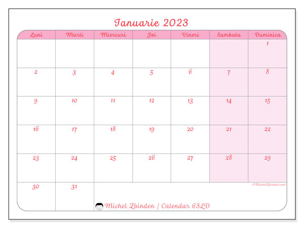 Calendar pentru imprimare, ianuarie 2023, 63LD