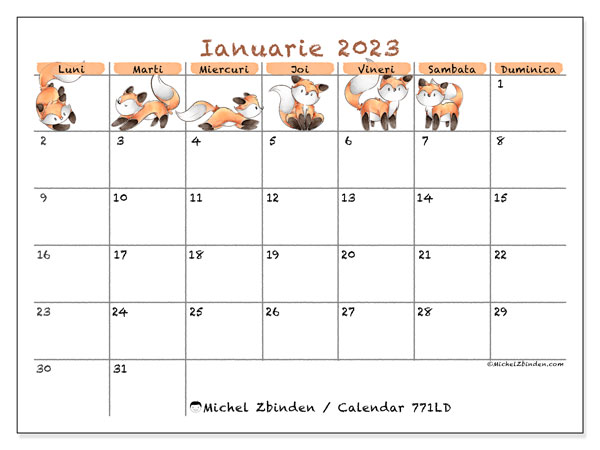 Calendar pentru imprimare, ianuarie 2023, 771LD