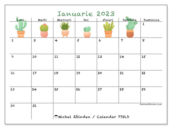 Calendar pentru imprimare, ianuarie 2023, 772LD
