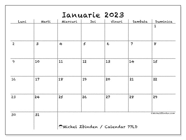 Calendar pentru imprimare, ianuarie 2023, 77LD